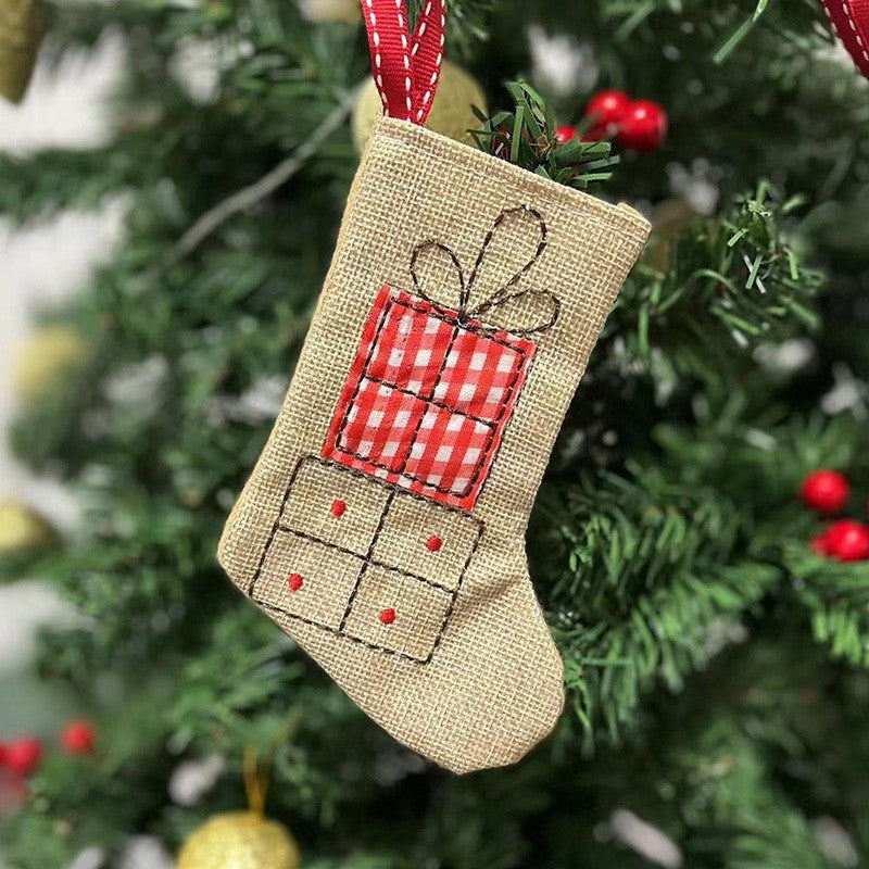 Mini Christmas Stocking Ornament – Rustic Burlap Holiday Hanging Decoration with Gift Box or Christmas Tree Design for Tree, Gift & Home Decor