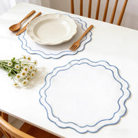 19.64-Inch Embroidered Canvas Placemat – Round Scalloped Table Mat with Blue Trim
