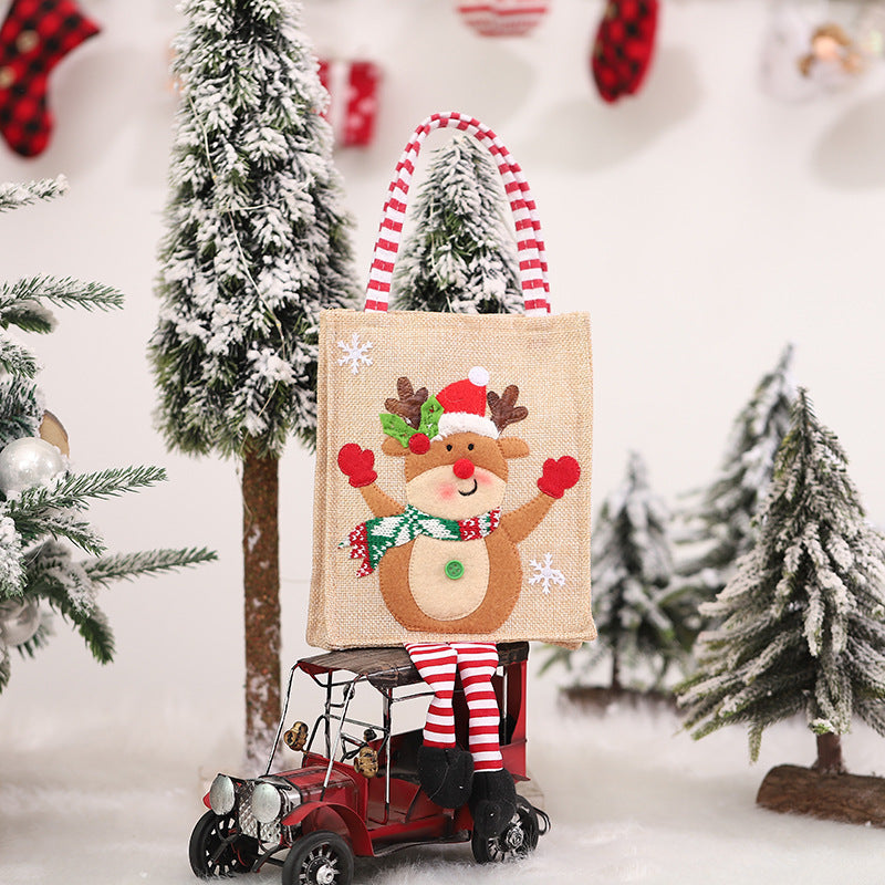 Christmas Burlap Gift Bag with Santa Snowman and Tree Designs