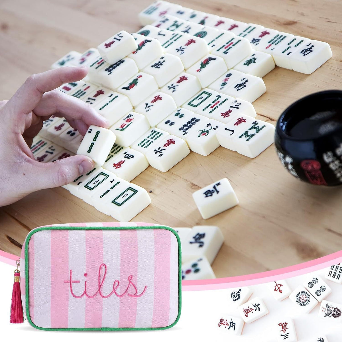 Striped Mahjong Tile Storage Bag with Embroidery and Tassel Zipper