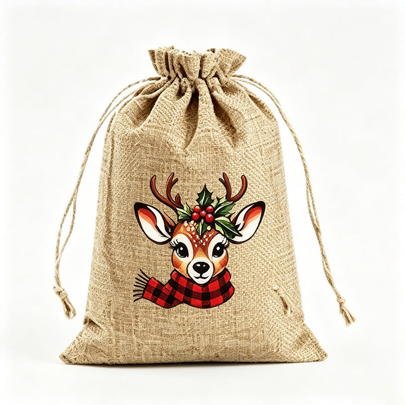 Christmas Burlap Drawstring Gift Bag Rustic Reindeer Santa Snowman Holiday Candy Favor Packaging Pouch