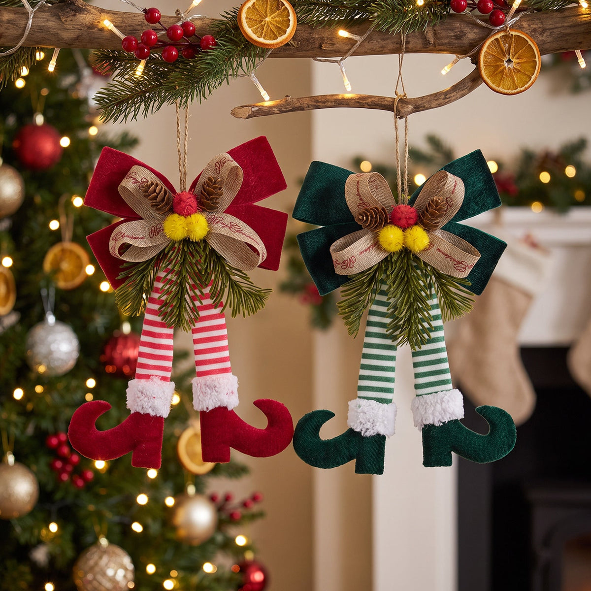 Christmas Elf Legs Hanging Ornament Plaid Bow Striped Holiday Tree Decoration