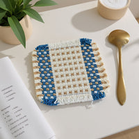 Blue Woven Rattan Coaster 10 × 10 cm – Square Fringe Drink Mat
