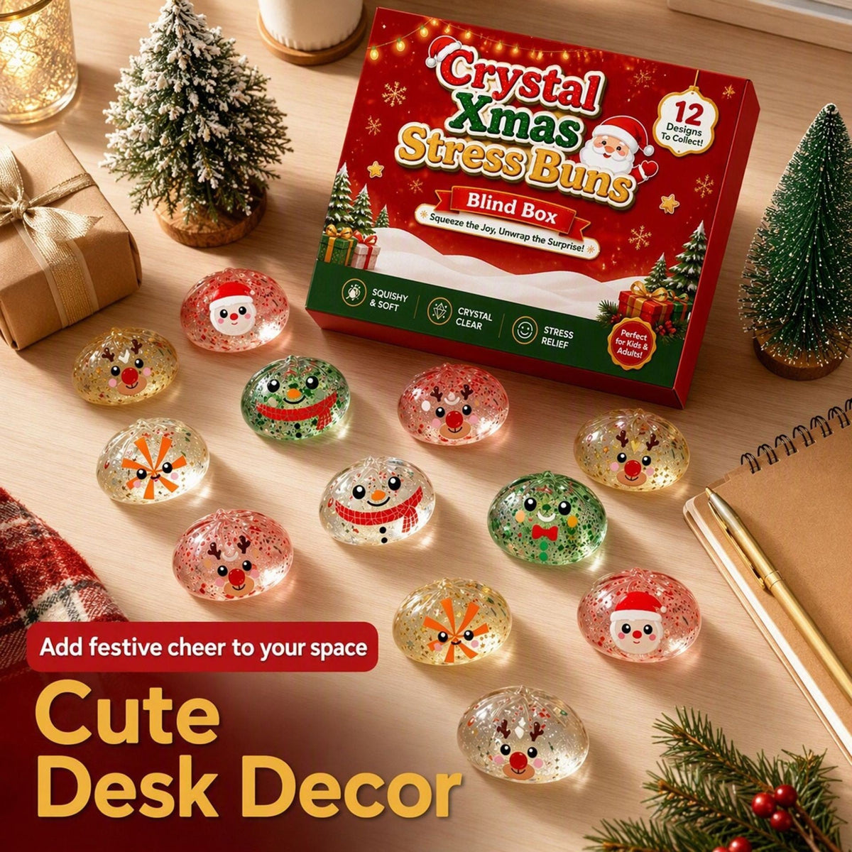 Christmas Crystal Squishy TPR Toys with Festive Designs 12 Piece Box