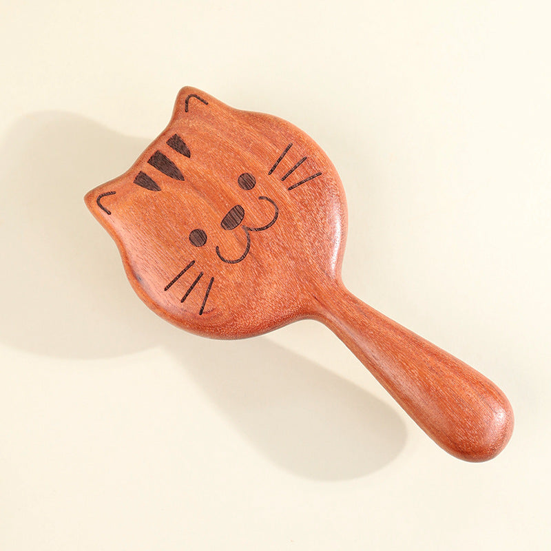 Wooden Cat Face Massage Brush Cute Kitty Scalp Massager with Rounded Teeth