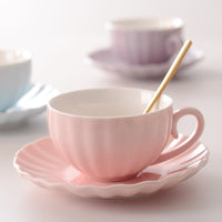 Fluted Ceramic Teacup and Saucer Set, Pastel Coffee Cup with Scalloped Plate