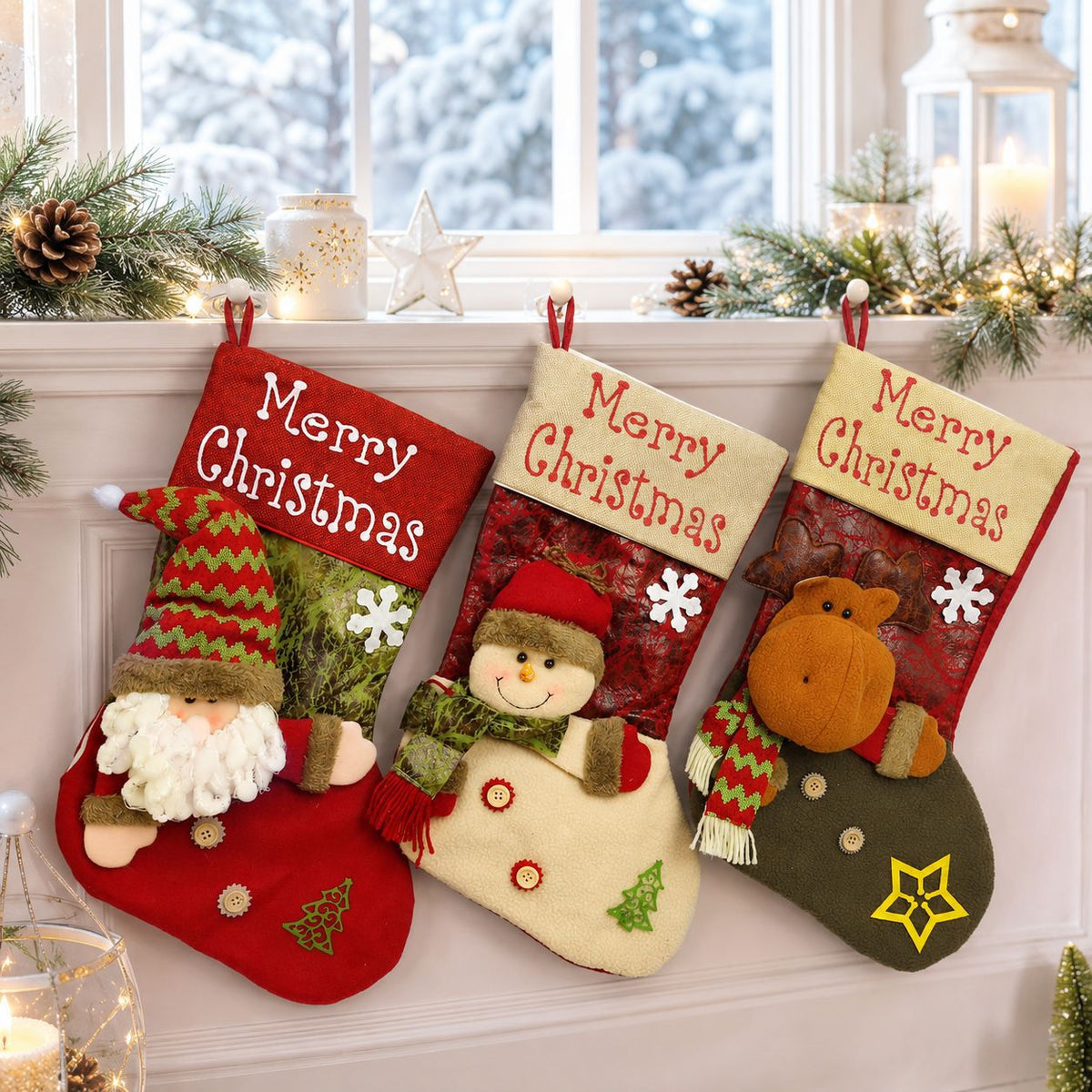 Christmas Stocking with 3D Character – Large 47 cm Polyester Fabric Holiday Stocking with Santa, Snowman or Reindeer for Fireplace, Staircase & Christmas Decor