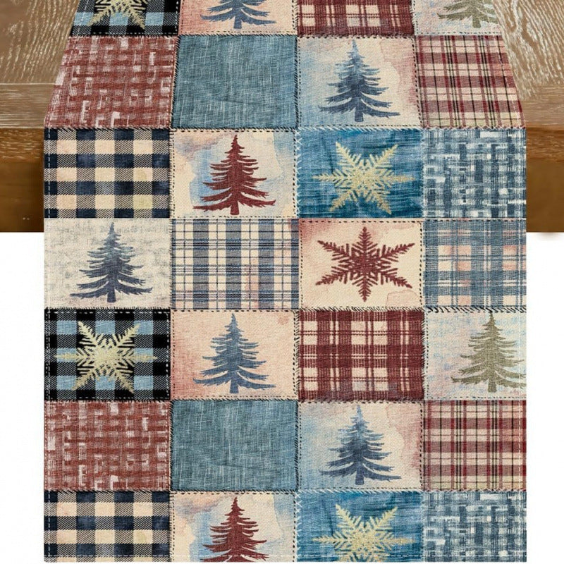 Christmas Patchwork Linen Table Runner – Rustic Holiday Dining Table Decor with Christmas Tree & Snowflake Pattern, Farmhouse Winter Home Decoration