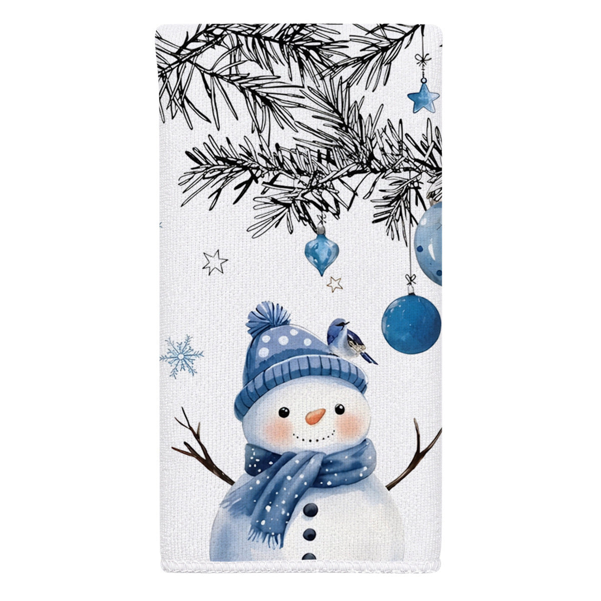 Christmas Kitchen Dish Towel Blue Snowman Snowflake Tree Print Decorative Holiday Tea Towel