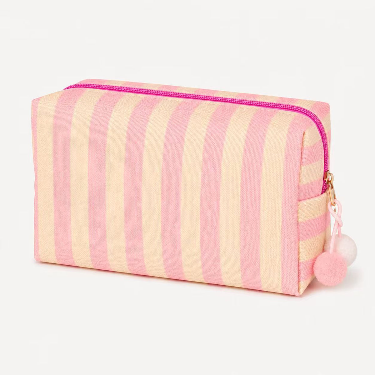 Striped Canvas Makeup Bag with Zipper and Pom Pom Pull