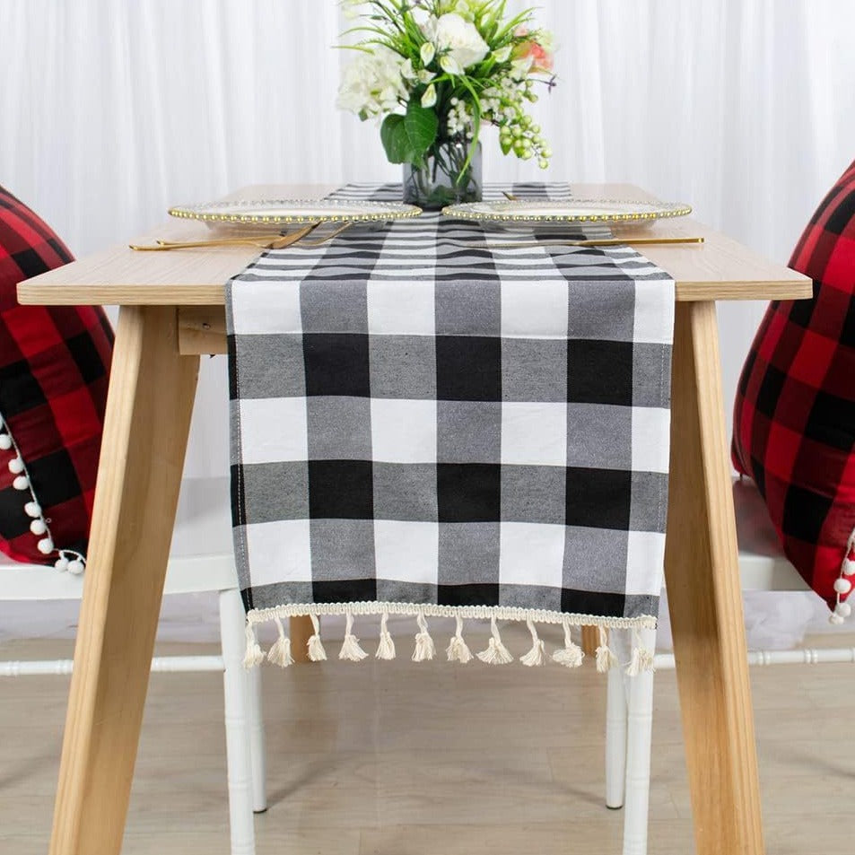 Buffalo Plaid Table Runner, Black White Tassel Dining Table Cover
