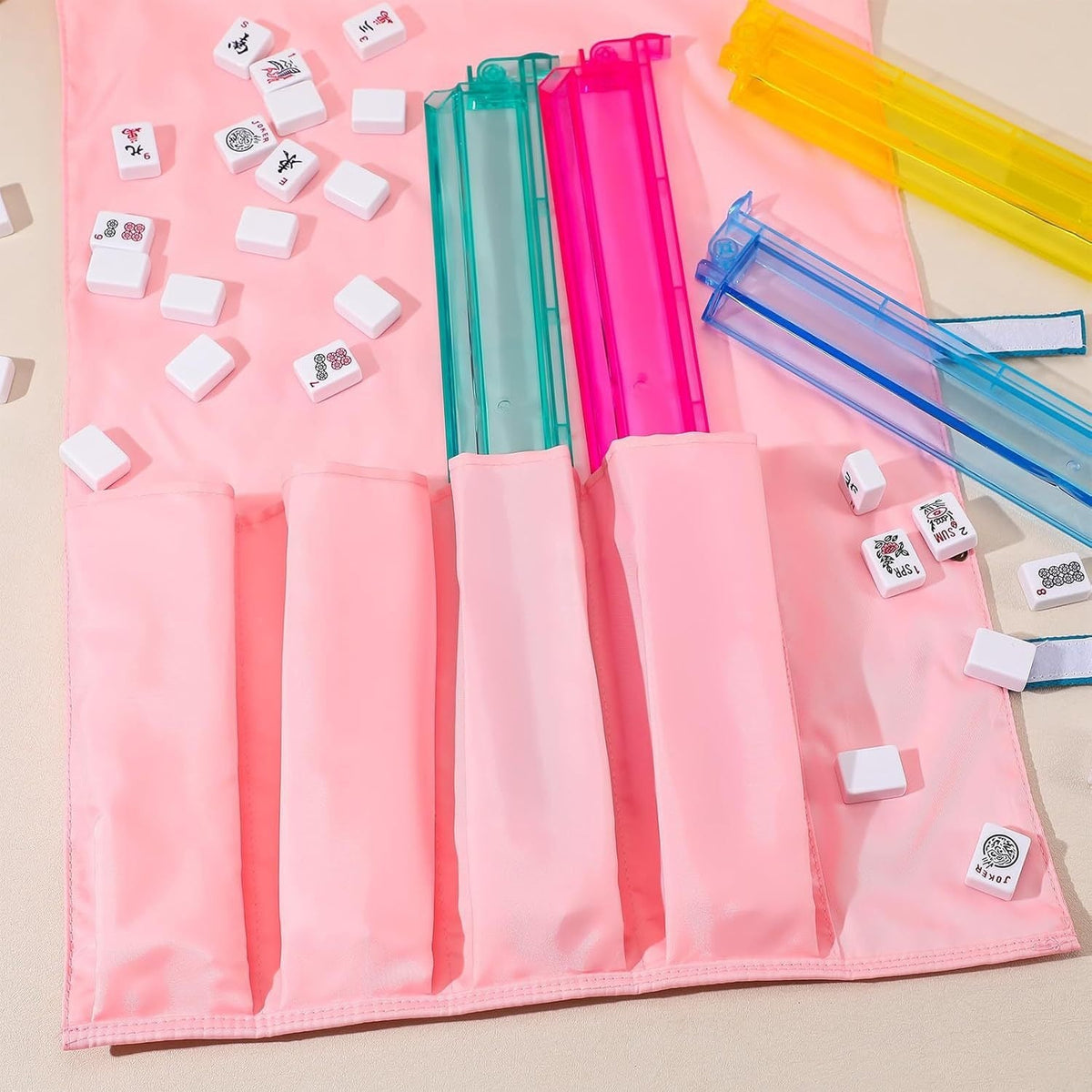 Portable Mahjong Rack Storage Mat – Polyester Roll-Up Organizer Bag with 4 Pockets for Mahjong Pushers, Racks, Travel & Game Night