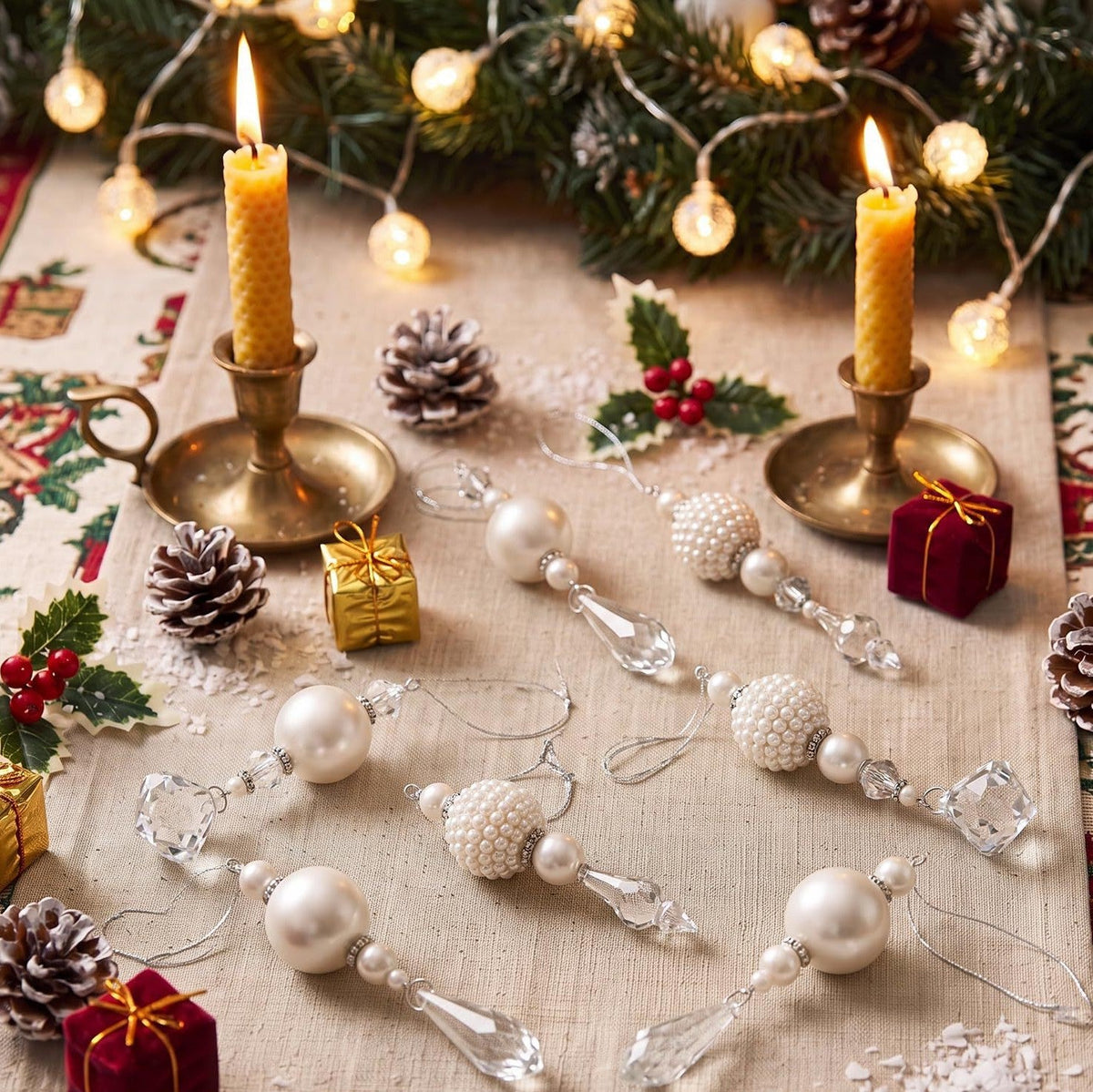 Pearl Look Beaded Christmas Ornaments with Clear Drops