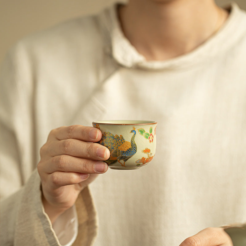 Ru Kiln Ceramic Tea Cup – Peacock Pattern Porcelain Teacup with Traditional Chinese Style for Tea Ceremony & Home Decor