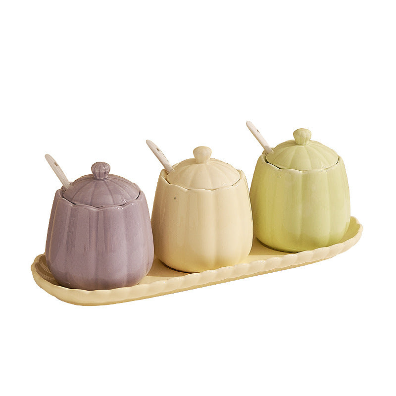 3-Piece Ceramic Condiment Jar Set with Tray and Spoons – Pastel Kitchen Seasoning Containers