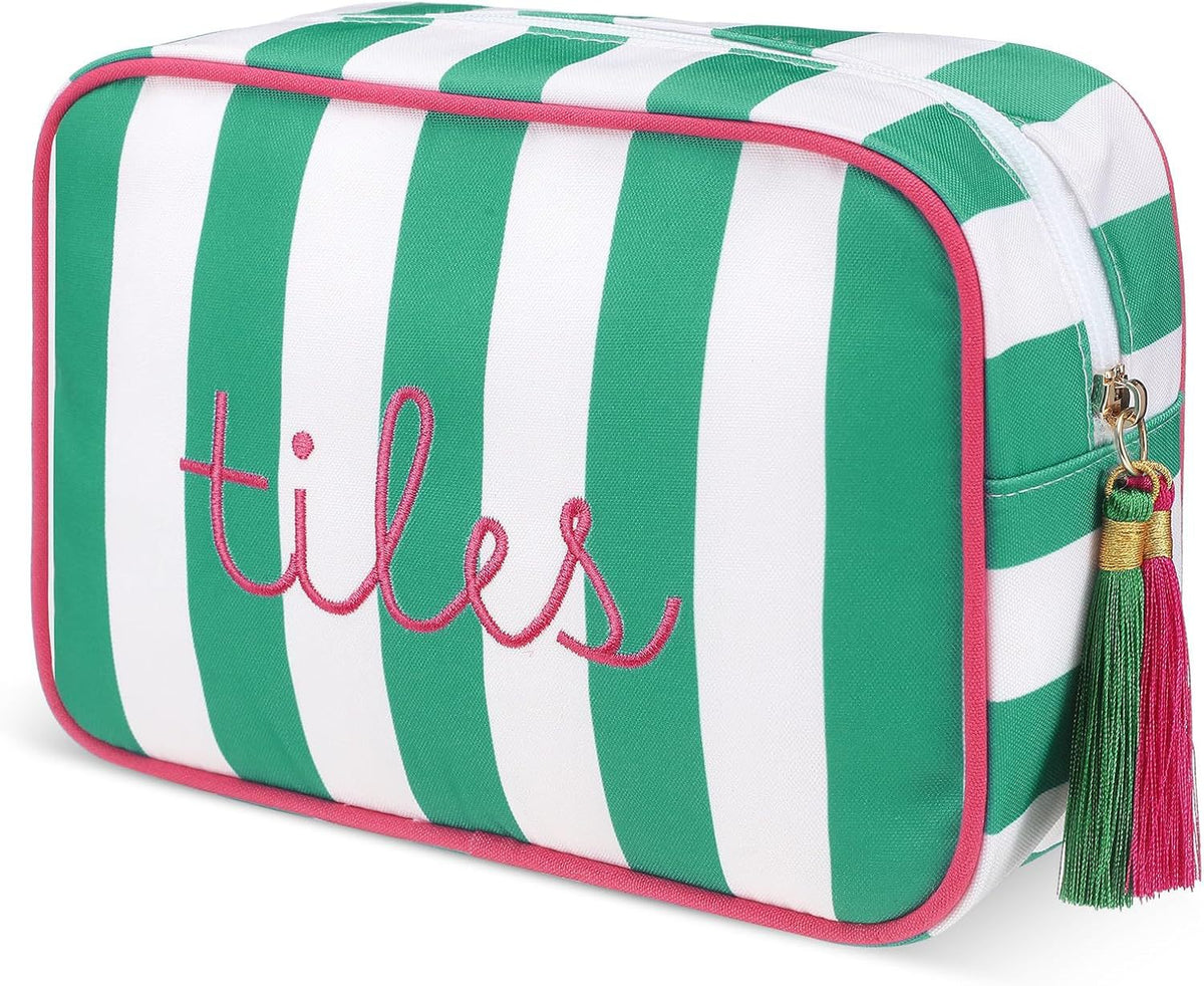 Striped Mahjong Tile Storage Bag with Embroidery and Tassel Zipper