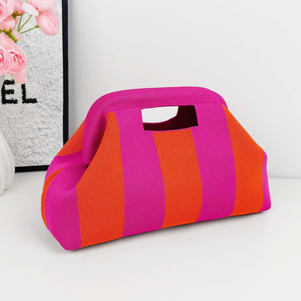 Striped Polyester Handbag with Cutout Carry Handles