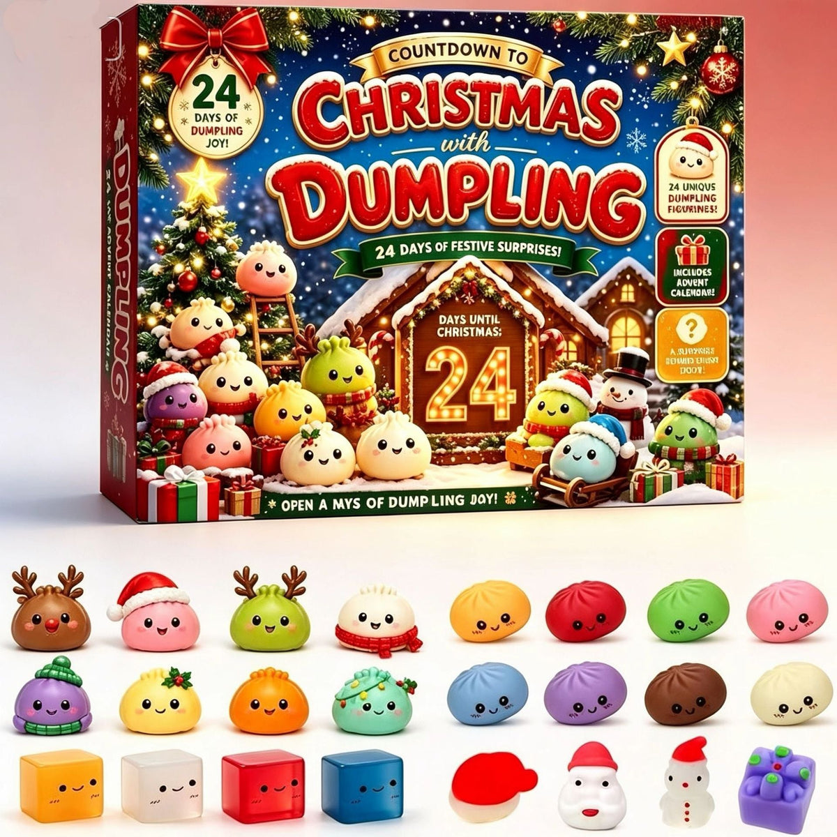 Christmas Dumpling Squishy Advent Calendar, 24-Piece TPR Sensory Toy Set with Festive Characters