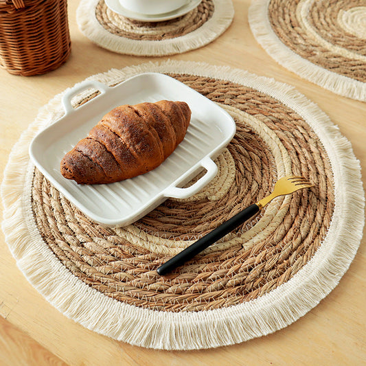 Woven Seagrass Trivet with Tassels, Round Heat Resistant Placemat & Plate Mat