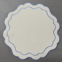 19.64-Inch Embroidered Canvas Placemat – Round Scalloped Table Mat with Blue Trim
