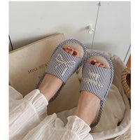 Striped Linen Open Toe House Slippers, Lightweight Indoor Slides with Non-Slip PVC Sole