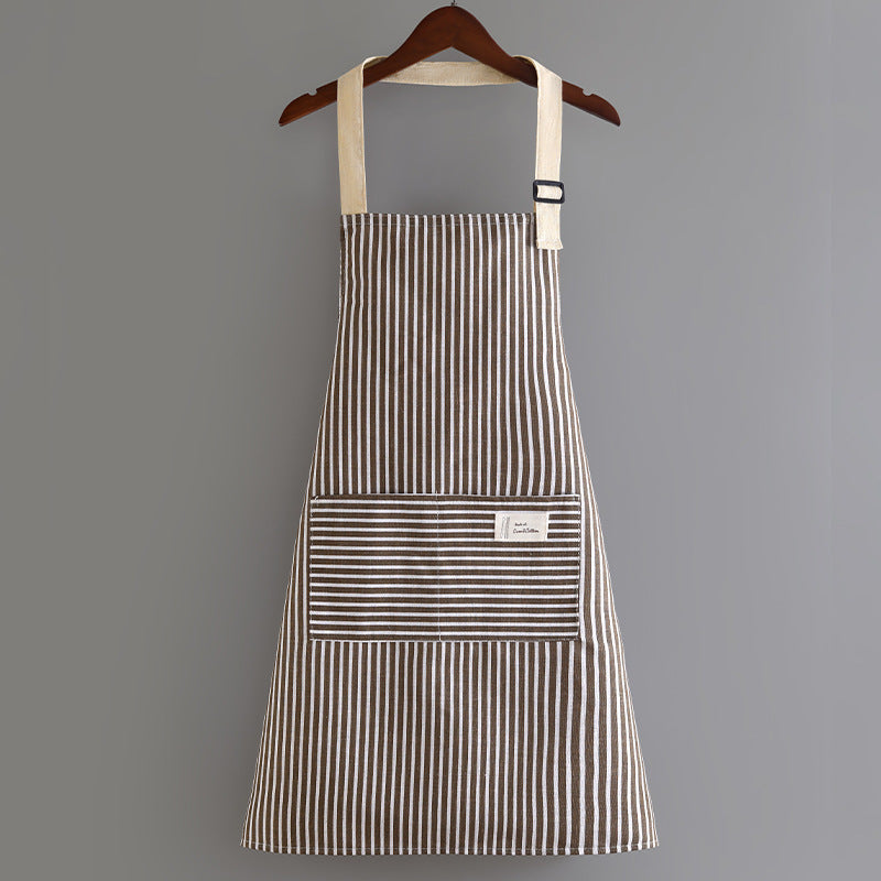 Cotton Linen Striped Kitchen Apron Adjustable Cooking Apron with Front Pockets