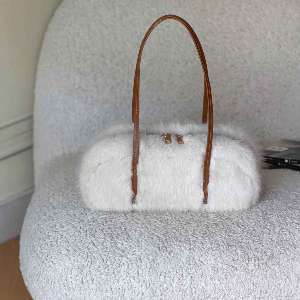 Plush Faux Fur Shoulder Bag with Long Handles in Four Colors