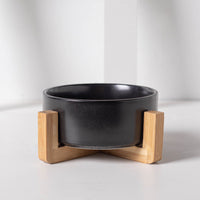 Black Ceramic Cat Food and Water Bowl with Wooden Stand Elevated Pet Feeding Dish