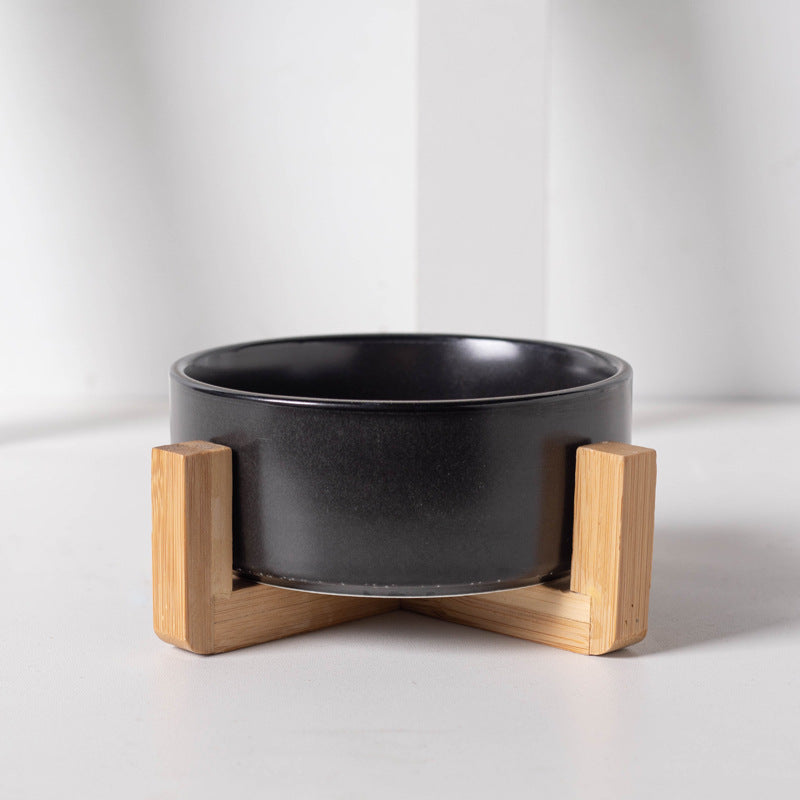 Black Ceramic Cat Food and Water Bowl with Wooden Stand Elevated Pet Feeding Dish