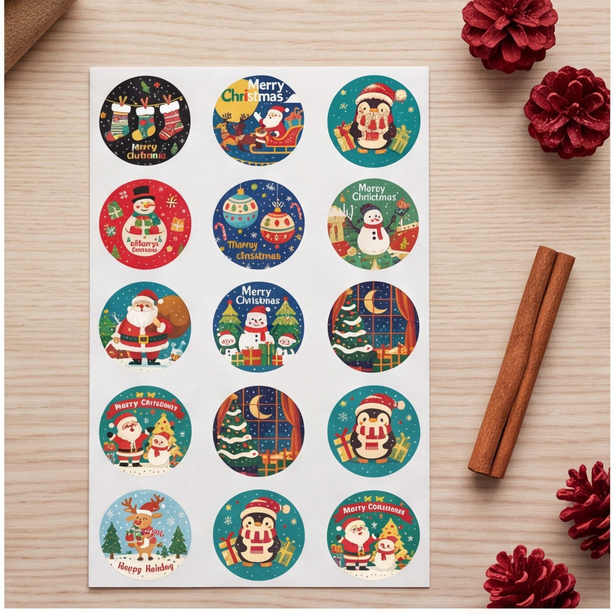 Vintage Christmas Round Sticker Roll, Retro Santa Claus Holiday Adhesive Labels