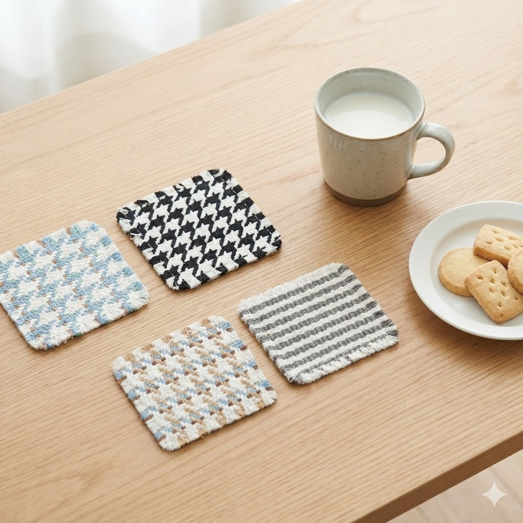 Woven Cotton Coasters Set of 4 – Square Cup Mats with Fringed Edges