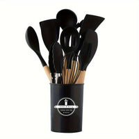 12-Piece Silicone Kitchen Utensil Set with Wooden Handles for Nonstick Cookware
