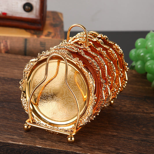 Vintage Metal Coaster Set – 6 Round Embossed Drink Coasters with Decorative Holder in Gold or Silver