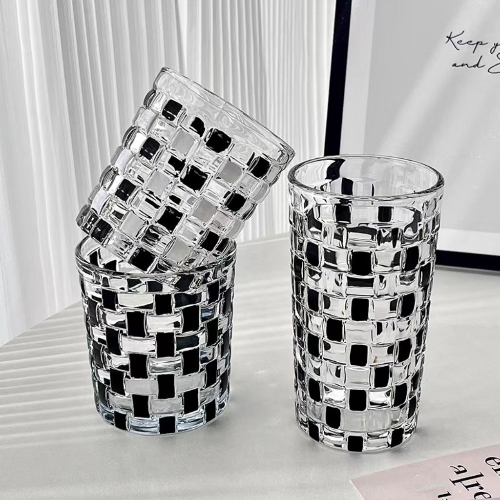 Checkered Drinking Glass, 400ml Black & Clear Glass Tumbler