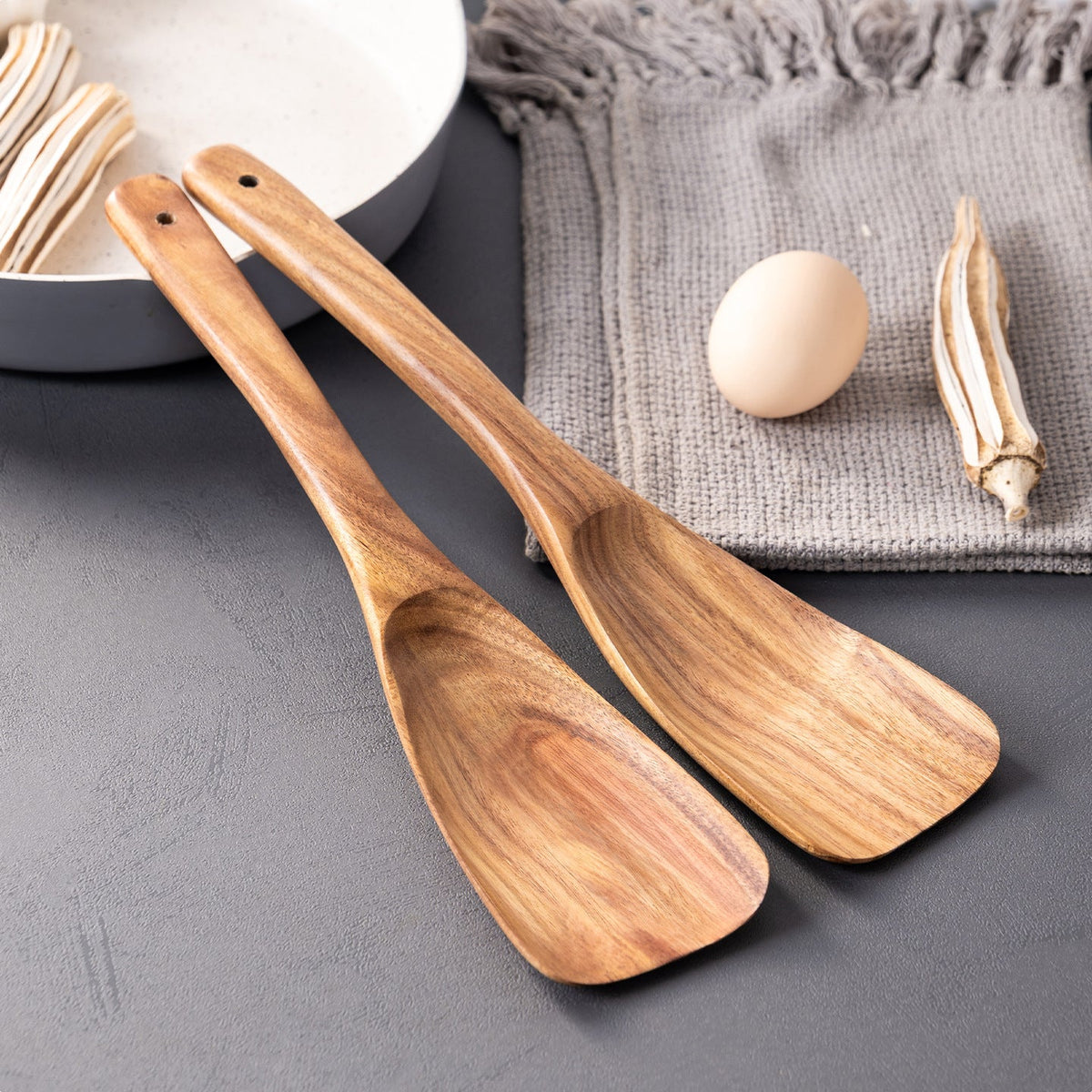 Acacia Wood Cooking Spatula, Deep Curved Wooden Wok Turner