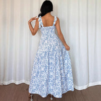 Floral Print Maxi Dress – Blue & White Spaghetti Strap Dress