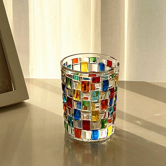 Colorful Mosaic Juice,  Whiskey Glass, 270ml Hand-Painted Style Checkered Drinking Tumbler