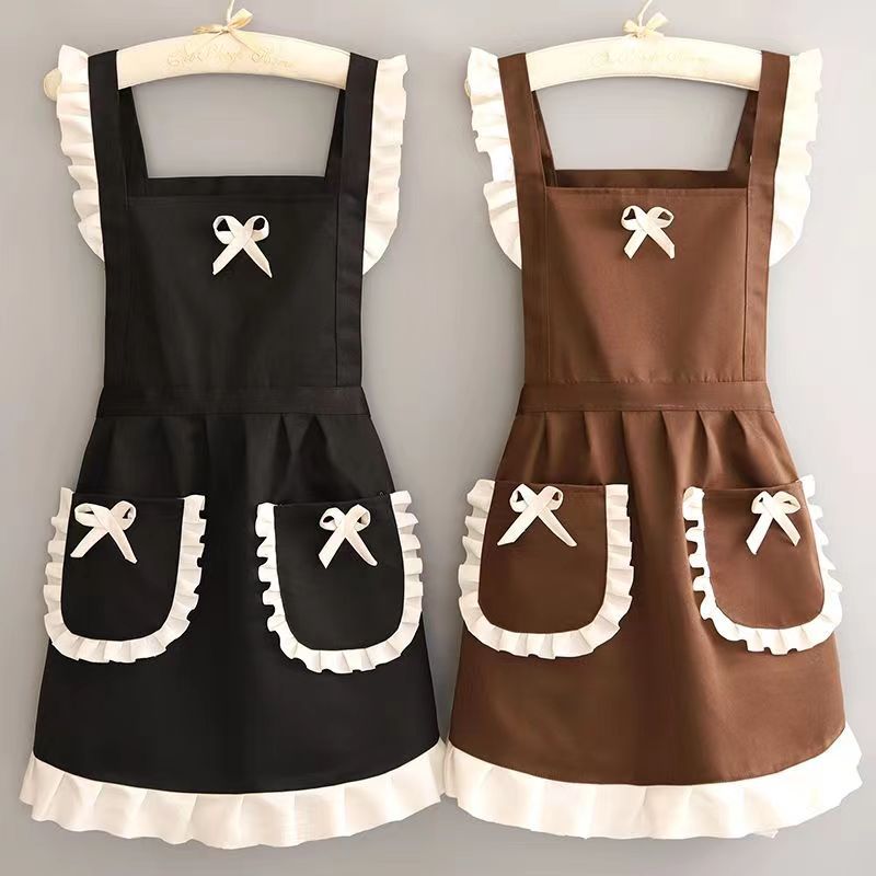 Vintage Ruffle Apron for Women – Polyester Kitchen Apron with Pockets, Bow Detail Cooking Baking Apron for Home, Café & Garden