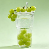 550ml Ribbed Glass Tumbler with Lid Clear Iced Coffee Drinking Cup