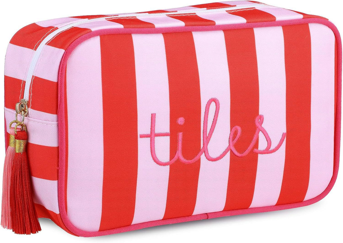 Striped Mahjong Tile Storage Bag with Embroidery and Tassel Zipper