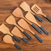 Beech Wood Kitchen Utensil Set – 3-Piece or 5-Piece Wooden Cooking Tools, Black Handle Spatula, Spoon & Ladle Set