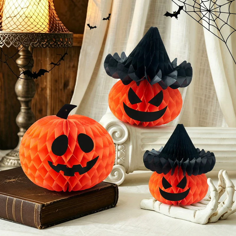 Halloween Honeycomb Paper Pumpkin Decoration, Orange Jack-O-Lantern Tabletop Decor, With or Without Witch Hat