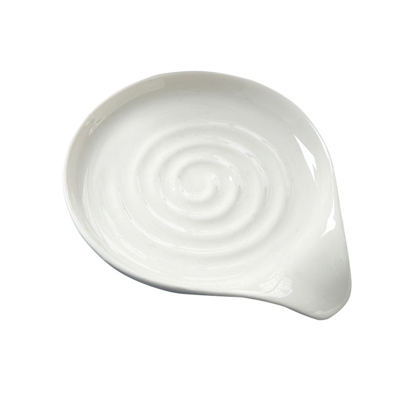 White Ceramic Spoon Rest Spiral Design Kitchen Utensil Holder Plate
