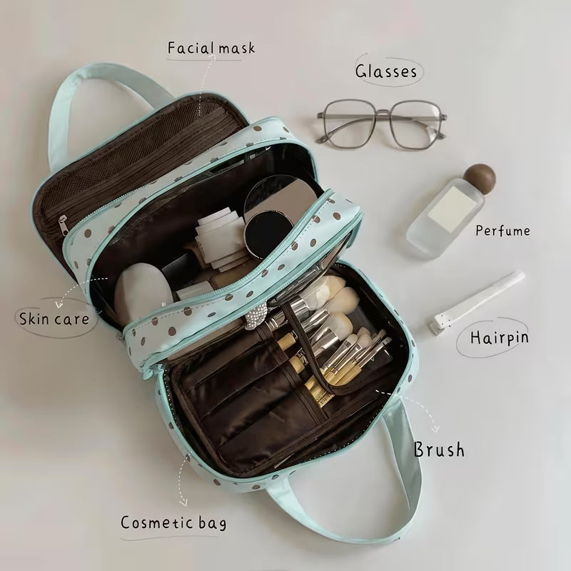 Polka Dot PU Travel Makeup Bag with Handles and Compartments