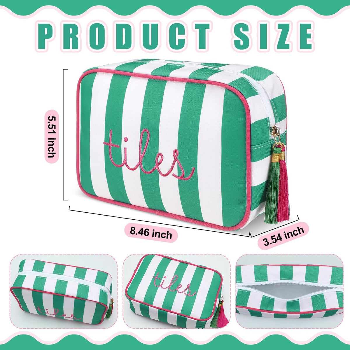 Striped Mahjong Tile Storage Bag with Embroidery and Tassel Zipper