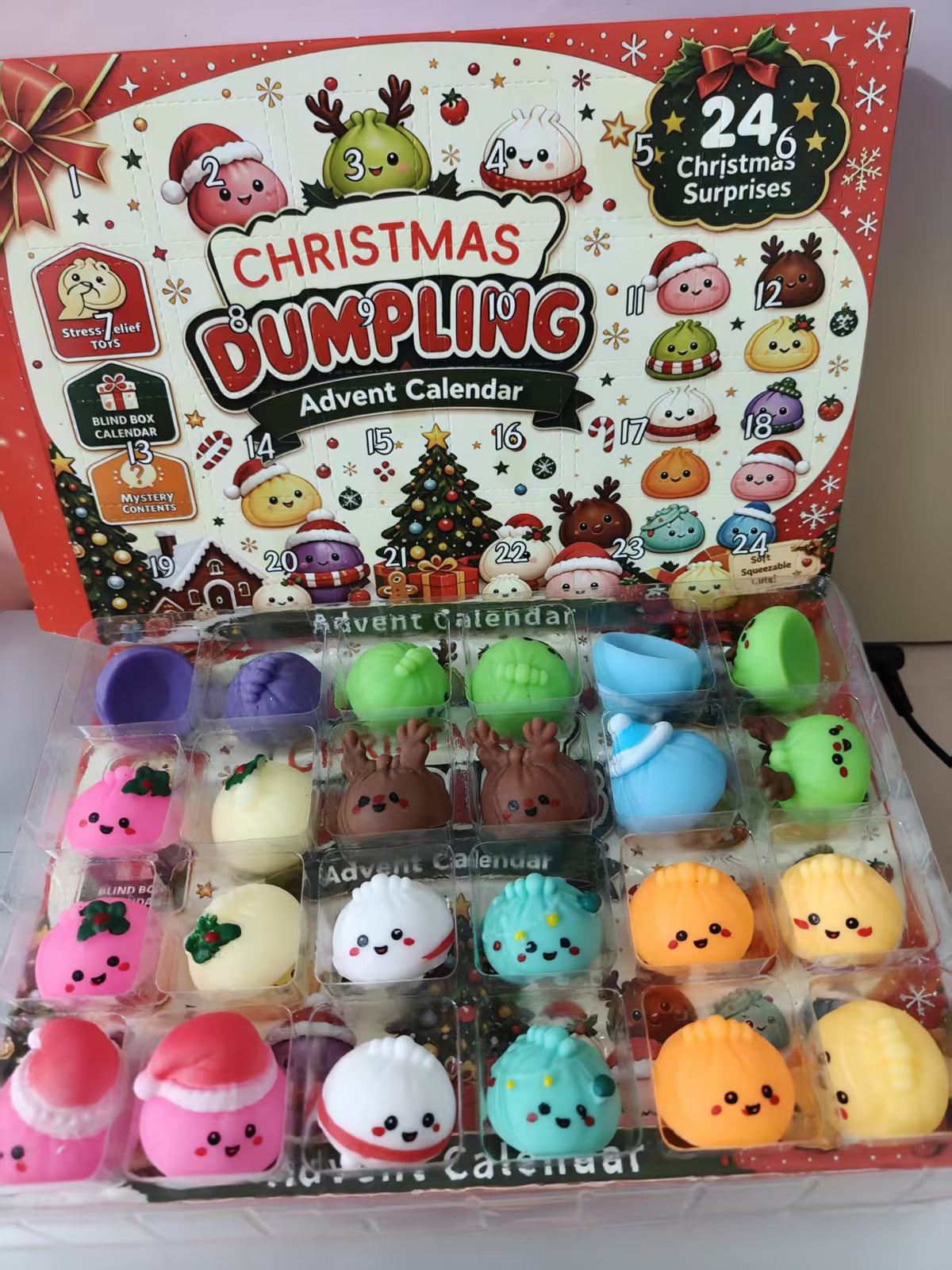 Christmas Dumpling Squishy Advent Calendar, 24 Day Mystery Toy Gift Box, Cute Kawaii Stress Relief Toys