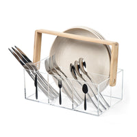 Acrylic Flatware Caddy with Bamboo Handle, 3-Compartment Silverware Organizer for Kitchen Countertop, Picnic, Party & Outdoor Dining