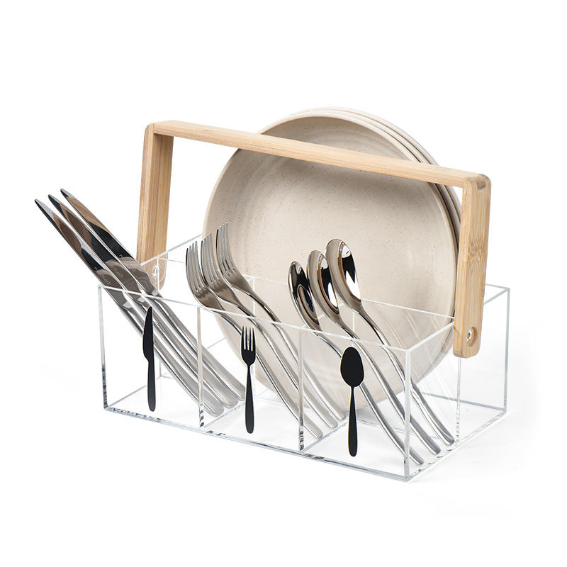 Acrylic Flatware Caddy with Bamboo Handle, 3-Compartment Silverware Organizer for Kitchen Countertop, Picnic, Party & Outdoor Dining