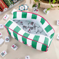 Striped Mahjong Tile Storage Bag with Embroidery and Tassel Zipper