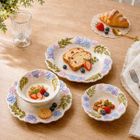 Pastel Floral Ceramic Dinnerware Set, 4 Pieces with Scalloped Edges